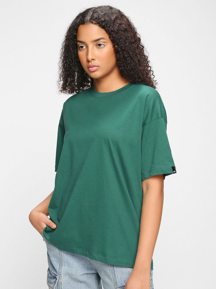 Bewakoof Women Green Drop-Shoulder Sleeves Cotton Oversized T-shirt