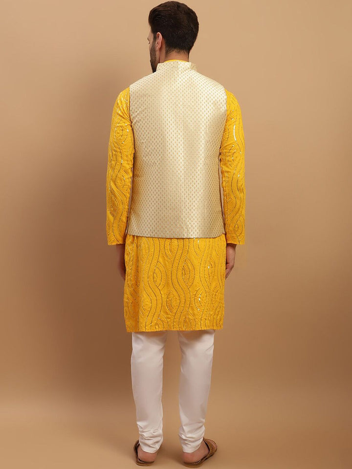 SOJANYA Embroidered Sequinned Pure Cotton Kurta with Churidar & Woven Design Nehru Jacket