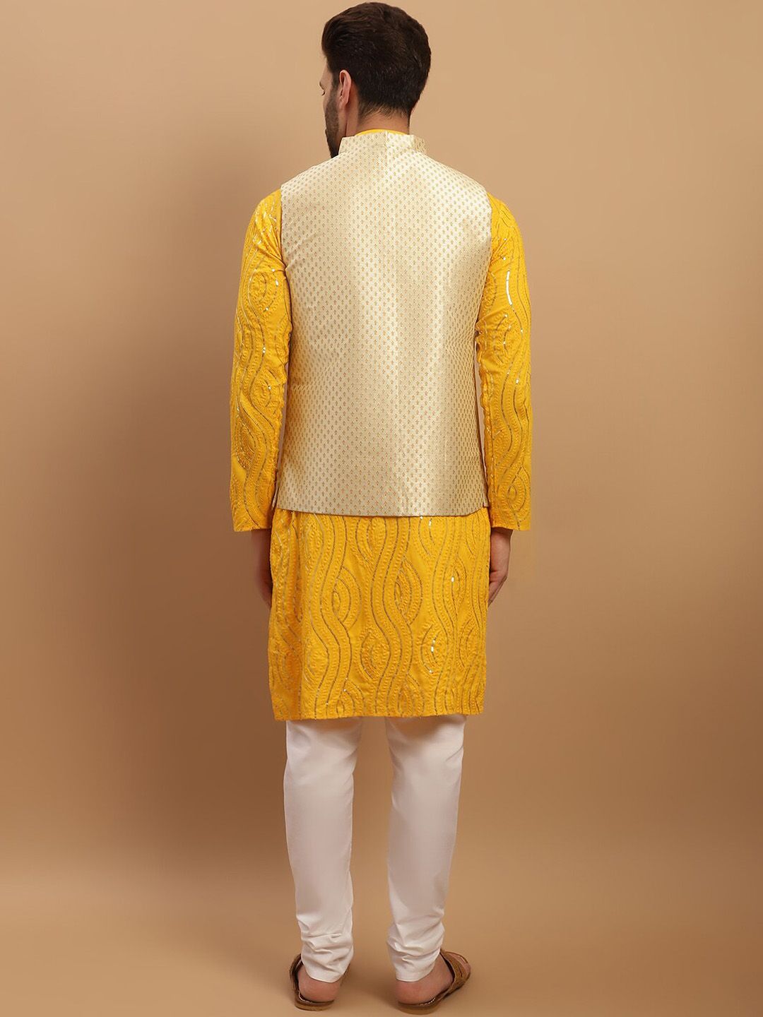SOJANYA Embroidered Sequinned Pure Cotton Kurta with Churidar & Woven Design Nehru Jacket