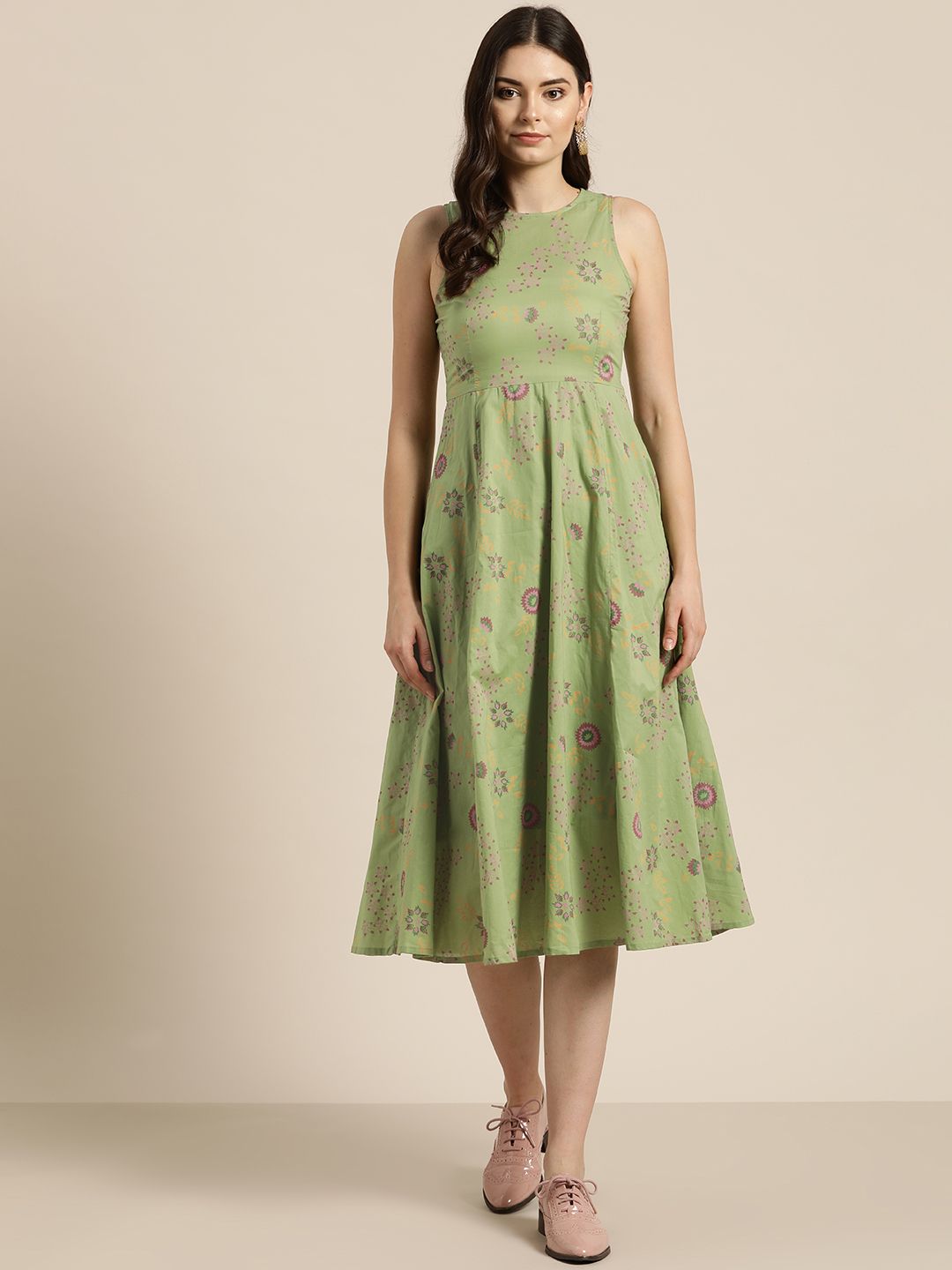 Shae by SASSAFRAS Women Green & Pink Printed Anarkali Kurta