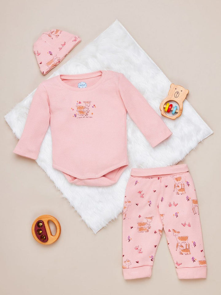 Nauti Nati Infants Girls Printed Pure Cotton Bodysuit With Joggers & Cap