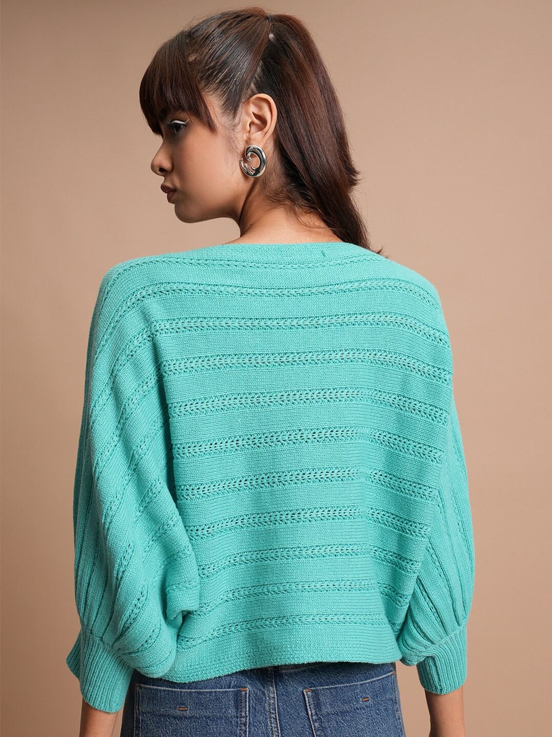Tokyo Talkies Teal Blue Self Design Acrylic Pullover Sweater