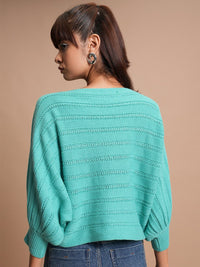 Tokyo Talkies Teal Blue Self Design Acrylic Pullover Sweater