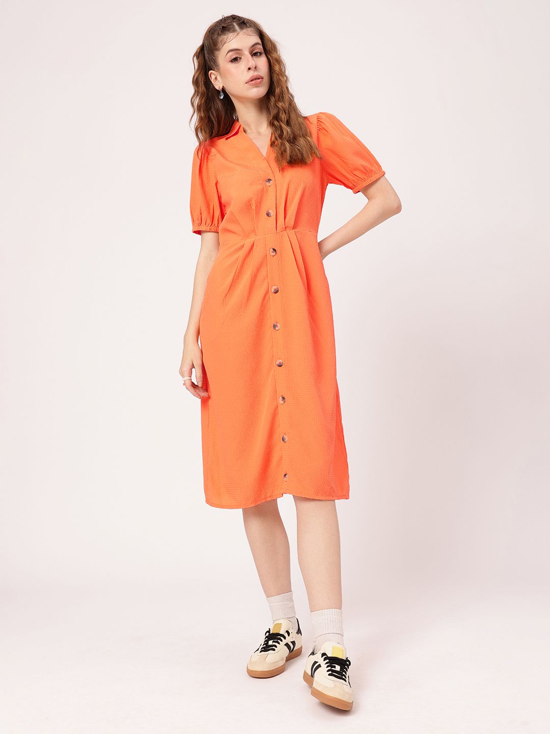 DressBerry Tangerine Pleated Seersucker Shirt Style Dress