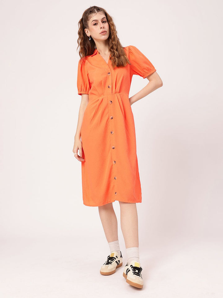 DressBerry Tangerine Pleated Seersucker Shirt Style Dress