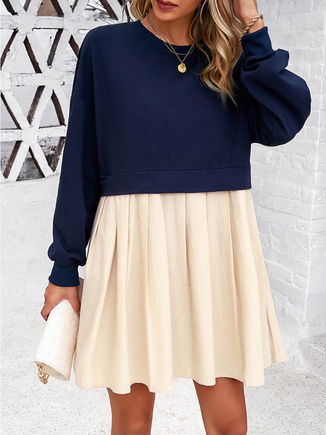 all about you Navy Blue Round Neck Flared Cotton Fit & Flare Dress