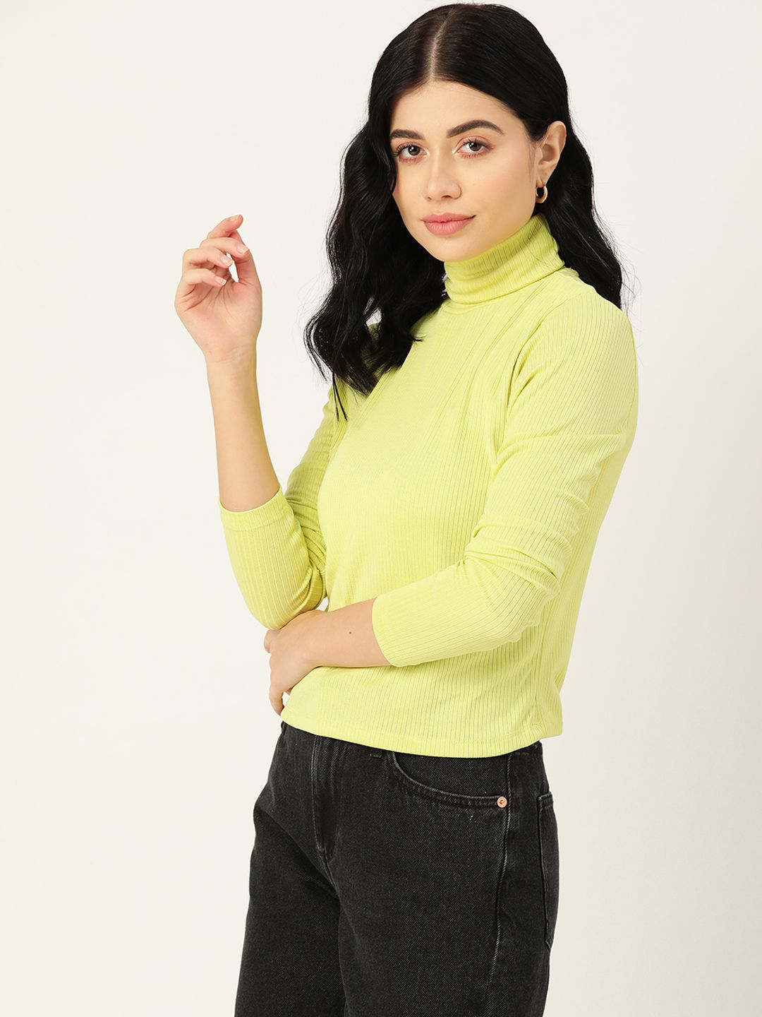 DressBerry Lime Green Turtle Neck Knitted Ribbed Top