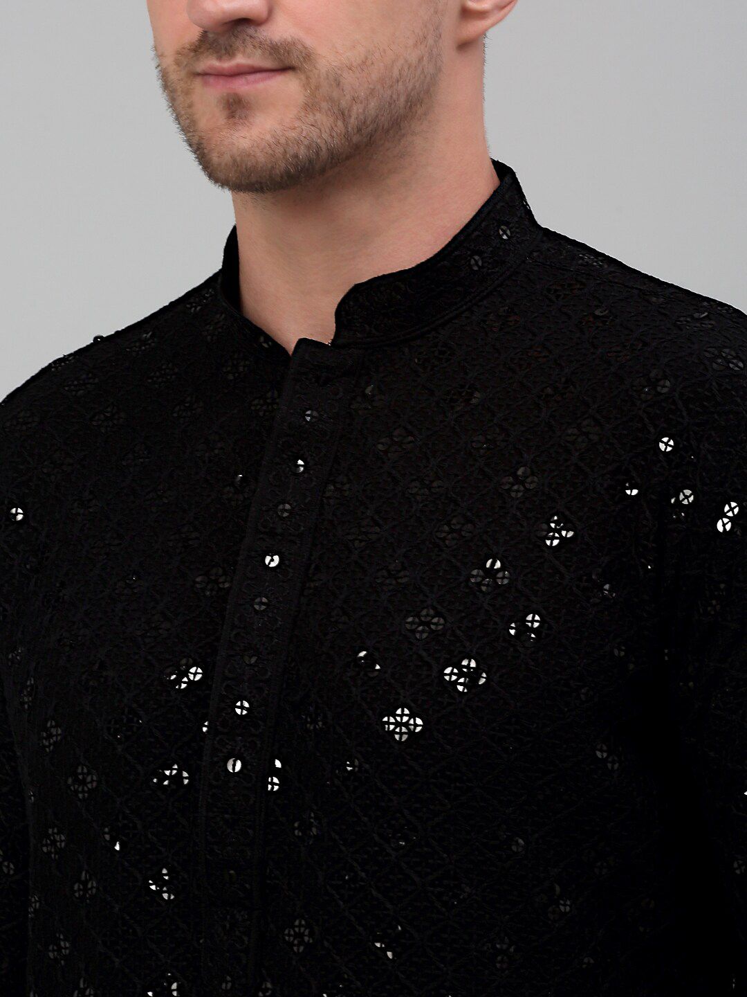 Jompers Mandarin Collar Embroidered Chikankari Straight Kurta With Pyjamas