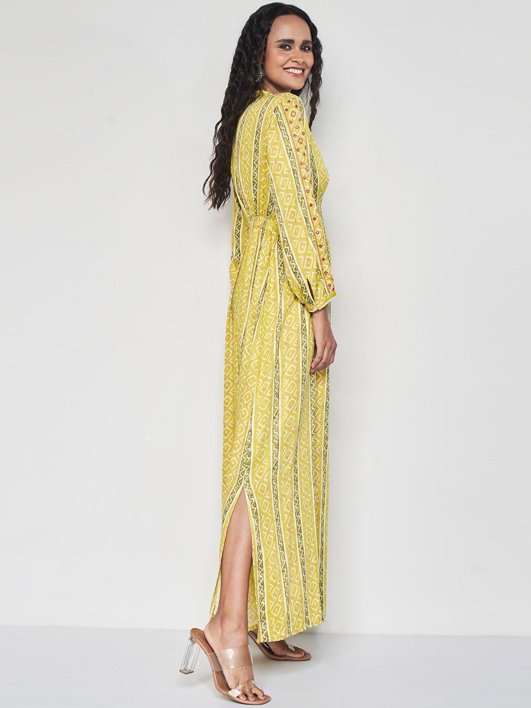 Global Desi Ethnic Motifs Printed Mandarin Collar Cuffed Sleeves Maxi Ethnic Dress