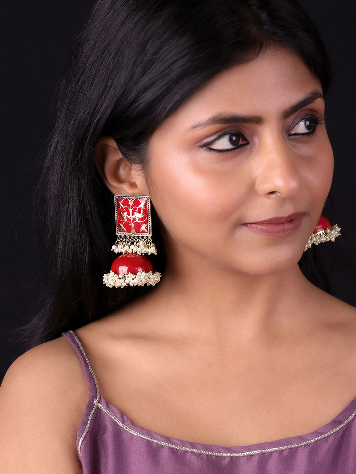 PANASH Gold-Plated Red & White Pearls Jhumka Earrings