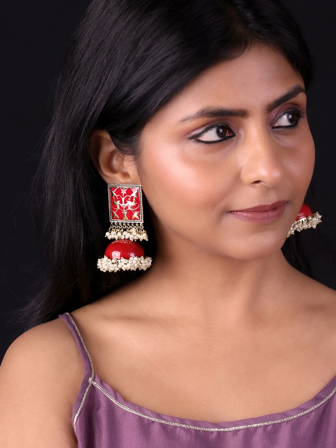 PANASH Gold-Plated Red & White Pearls Jhumka Earrings