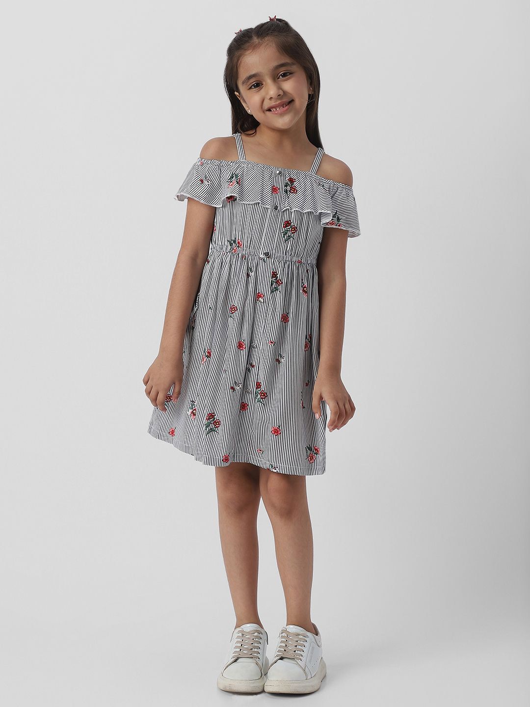 Nauti Nati Girls Floral Striped Cold-Shoulder Ruffled Fit & Flare Dress