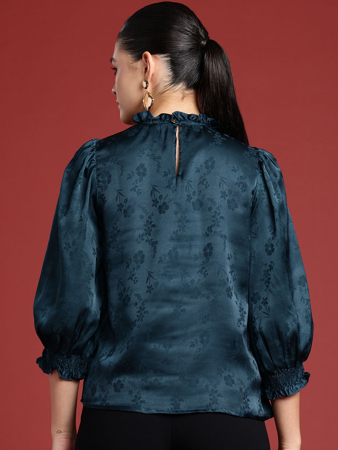 all about you Floral Self Designed High Neck Puff Sleeve Regular Top