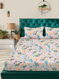 Aura White & Blue Floral Printed 300 TC King Bedsheet Set 2.5 m x 2.25 m