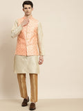 SOJANYA Men Cream-Coloured Kurta with Churidar & Nehru Jacket