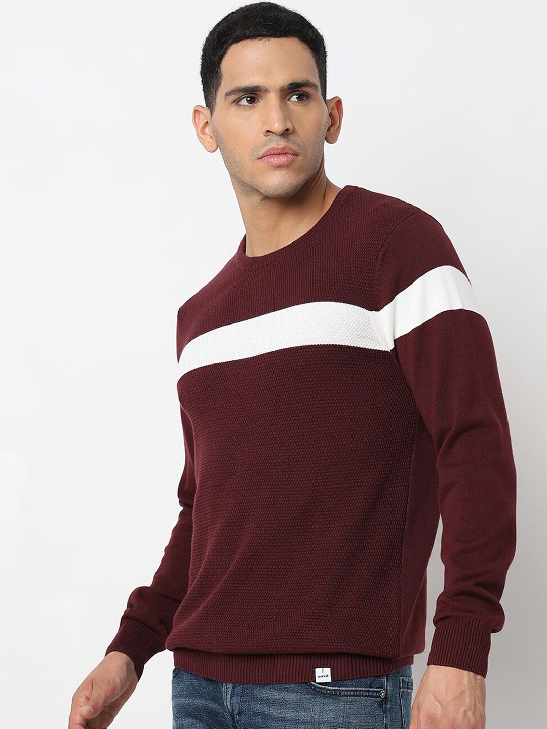 SPYKAR Colourblocked Round Neck Long Sleeves Cotton Pullover Sweater