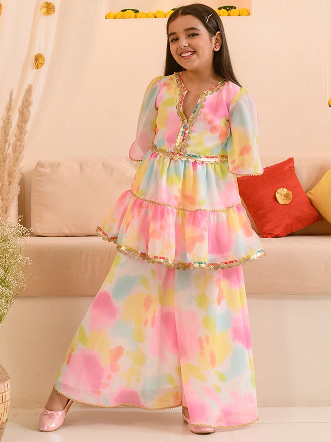 pspeaches Girls Abstract Printed Sequinned Regular A-Line Kurta & Sharara