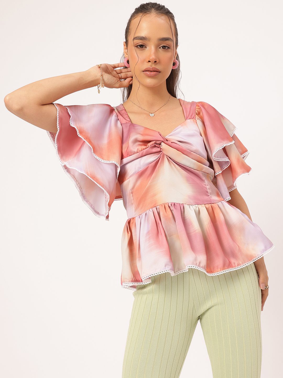 DressBerry Rainbow Radiance Printed Twisted Flutter Sleeves Peplum Top