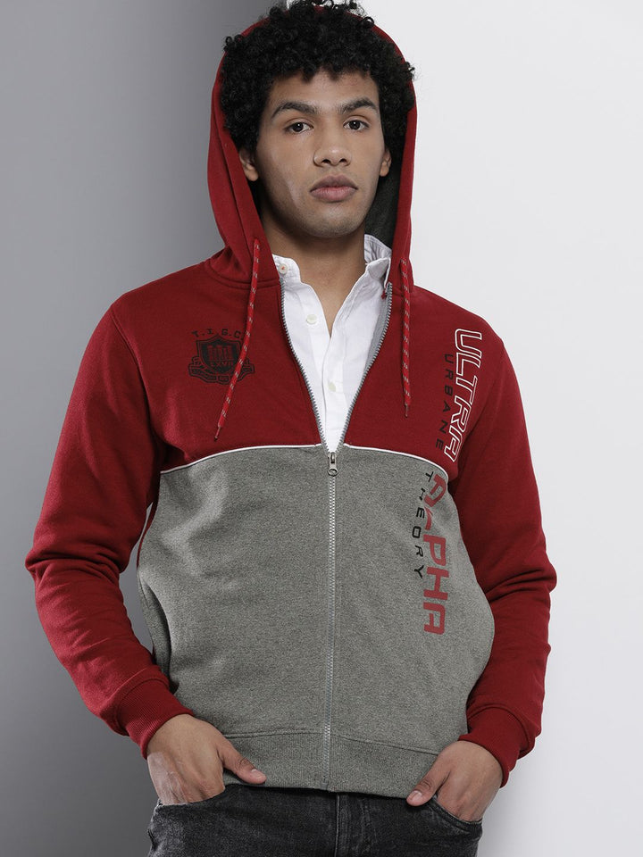 The Indian Garage Co Men Red & Grey Colourblocked Hooded Sweatshirt