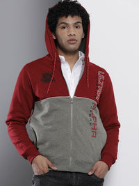 The Indian Garage Co Men Red & Grey Colourblocked Hooded Sweatshirt
