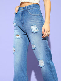 STREET 9 Wanita Seluar Jeans Heavy Fade Berkobar Biru Berkobar-kobar Tinggi Sangat Bermasalah