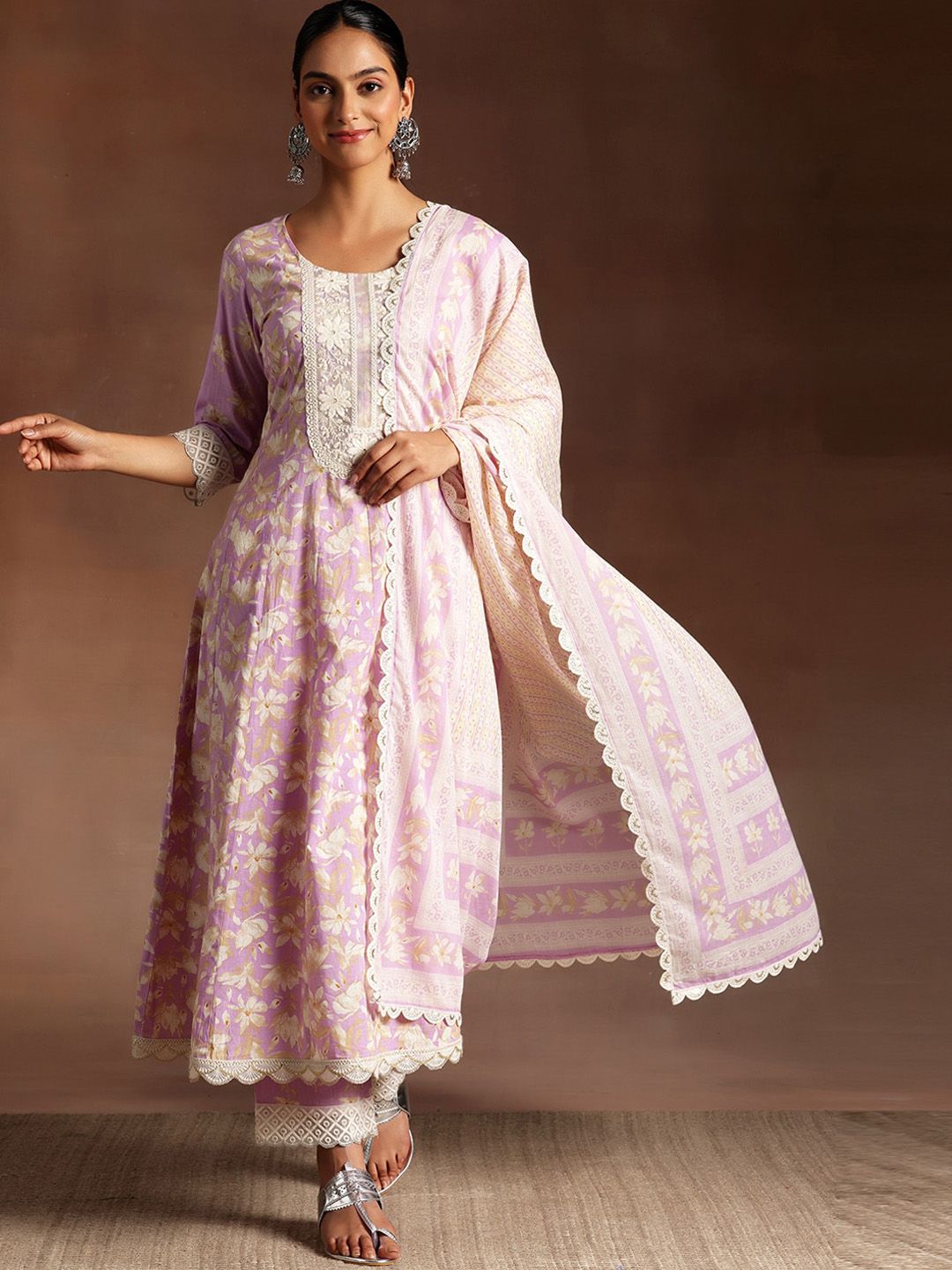 Libas Floral Printed Panelled Thread Work Pure Cotton A-Line Kurta With Trousers & Dupatta