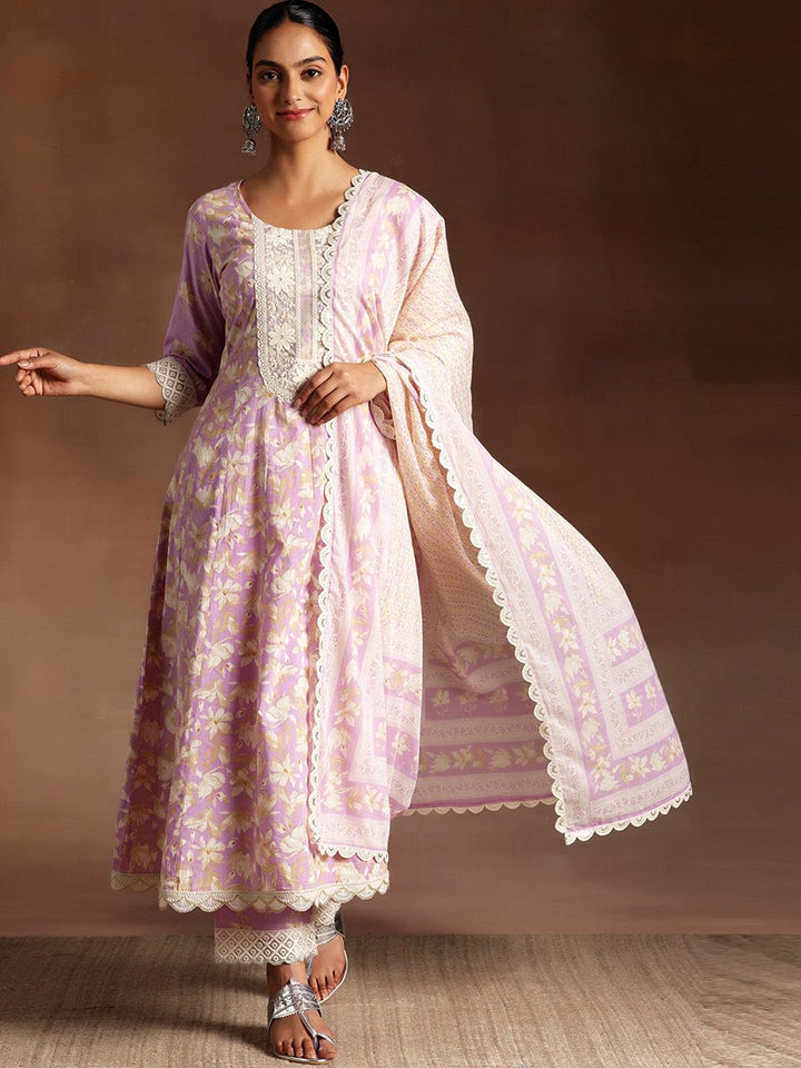 Libas Floral Printed Panelled Thread Work Pure Cotton A-Line Kurta With Trousers & Dupatta