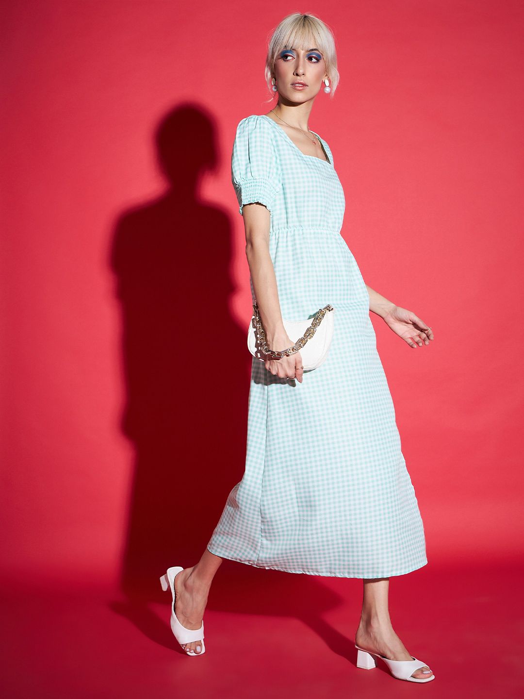 SASSAFRAS Green Square Neck Checked A-Line Midi Dress
