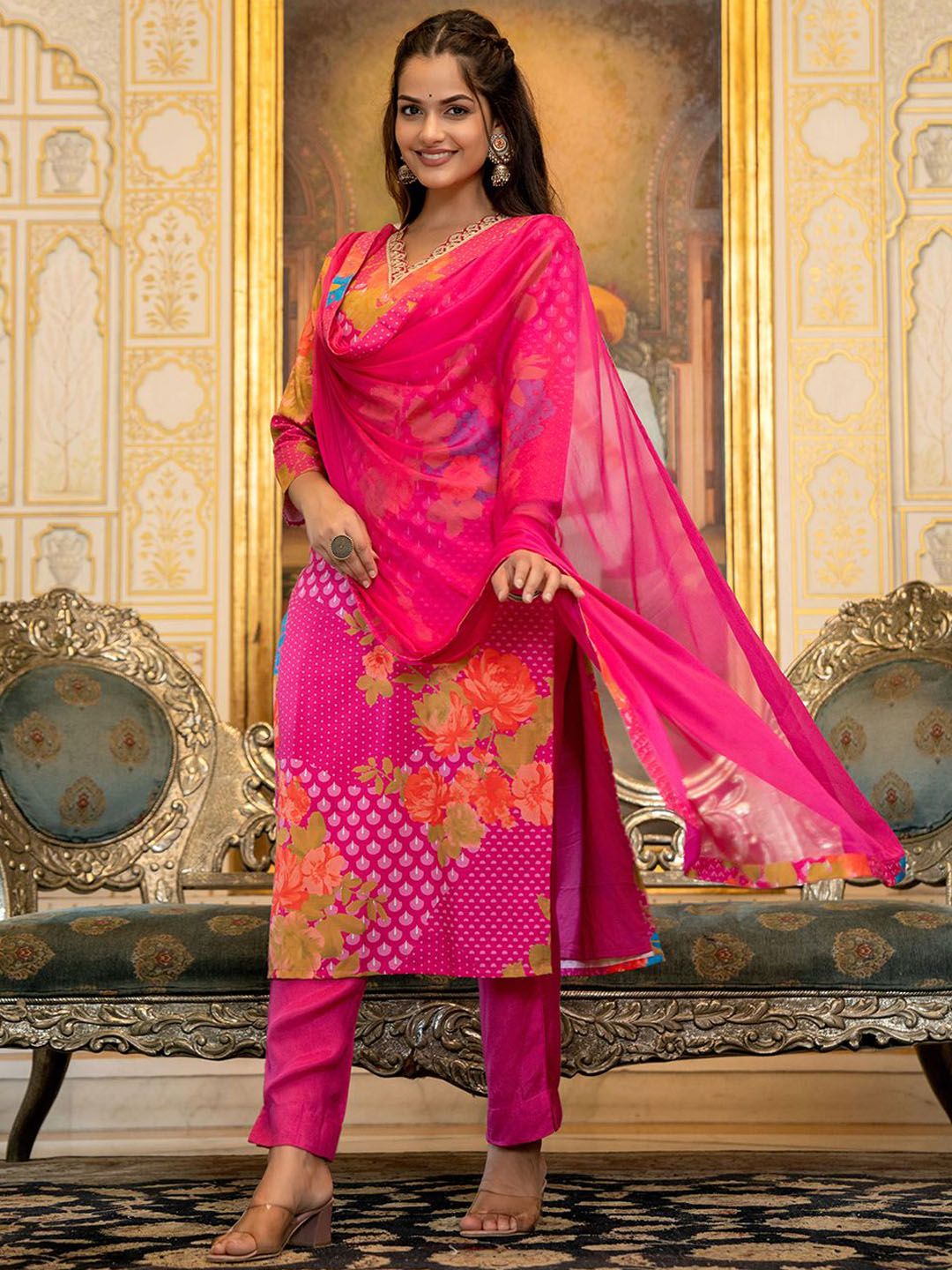 KALINI Floral Printed Straight Sequinned Kurta with Trousers & Dupatta