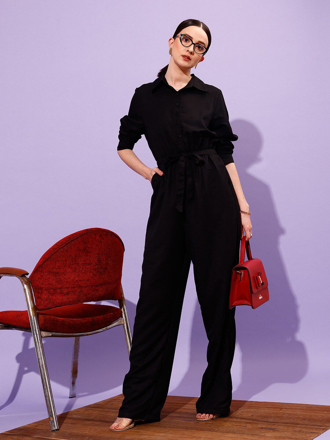STREET 9 Shirt Collar Long Sleeve Waist Tie-Ups Basic Jumpsuit