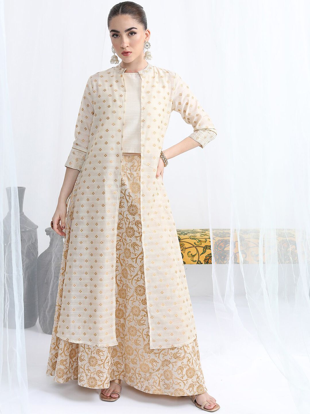 Vishudh Ethnic Motifs Woven Design Top & Skirt With A-Line Jacket