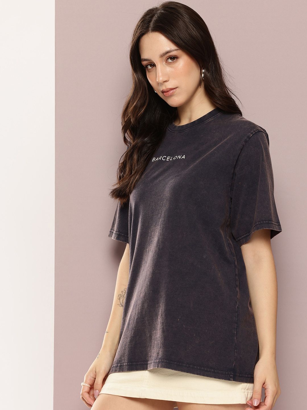 DILLINGER Women's Acid Washed Oversized Printed Tshirt