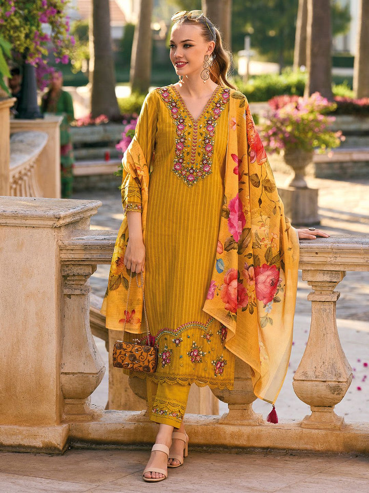 Era Indo Berjalur Benang Berfungsi Lengan Loceng Kapas Tulen Kurta Lurus &amp; Seluar &amp; Dupatta