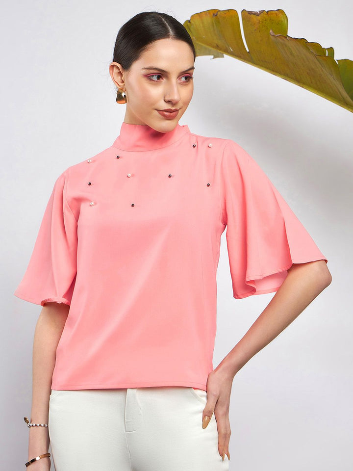 SASSAFRAS Peach-Coloured Embellished High Neck Flared Sleeve Beads & Stones Georgette Top