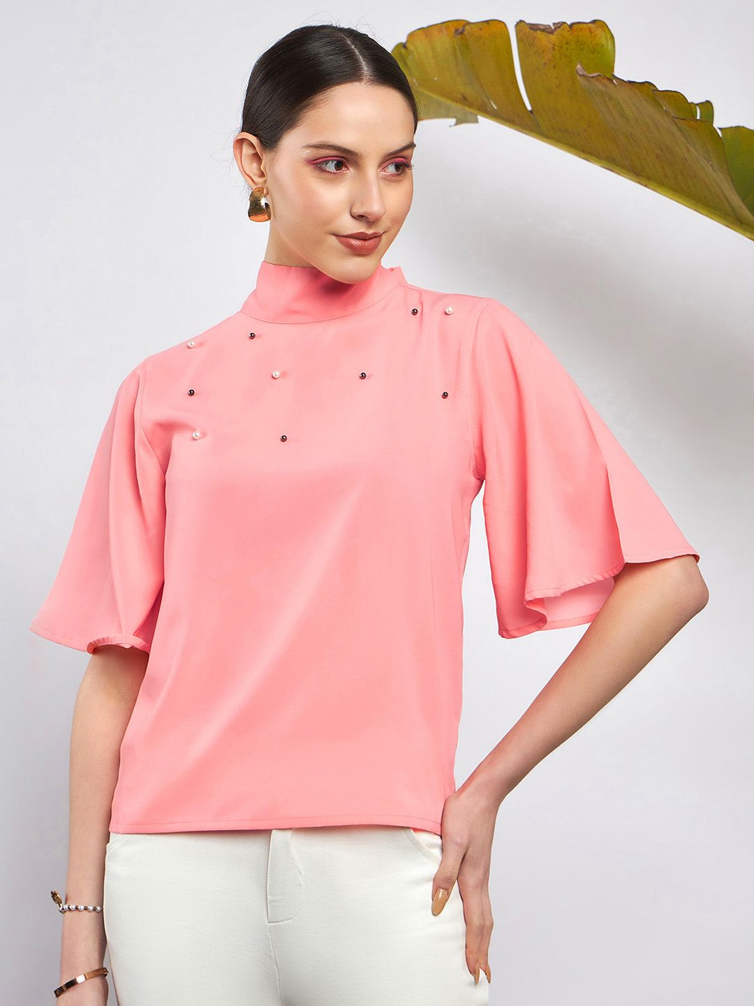 SASSAFRAS Peach-Coloured Embellished High Neck Flared Sleeve Beads & Stones Georgette Top