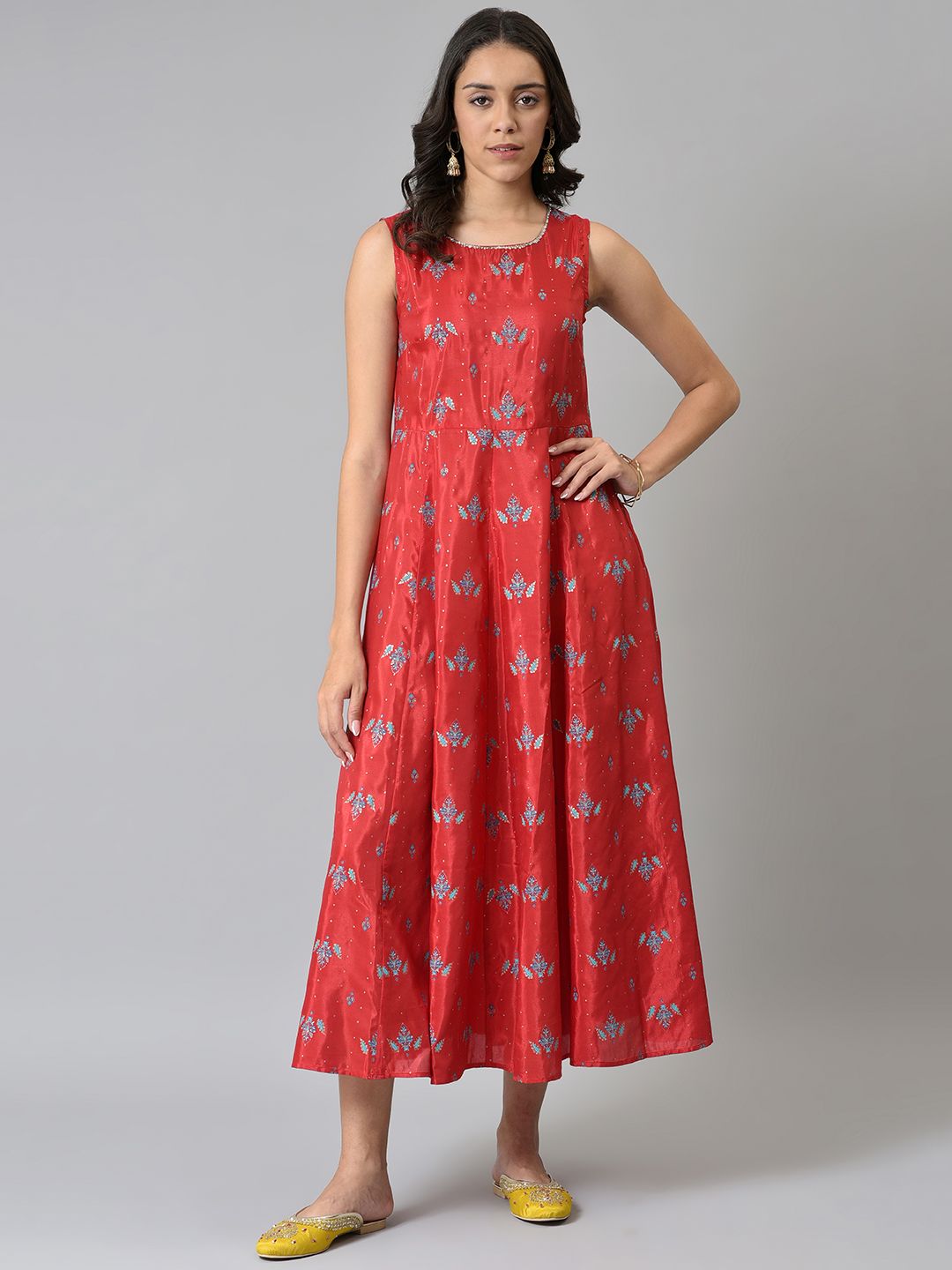W Women Red & Blue Printed Layered Ethnic Midi Dress