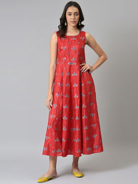 W Women Red & Blue Printed Layered Ethnic Midi Dress