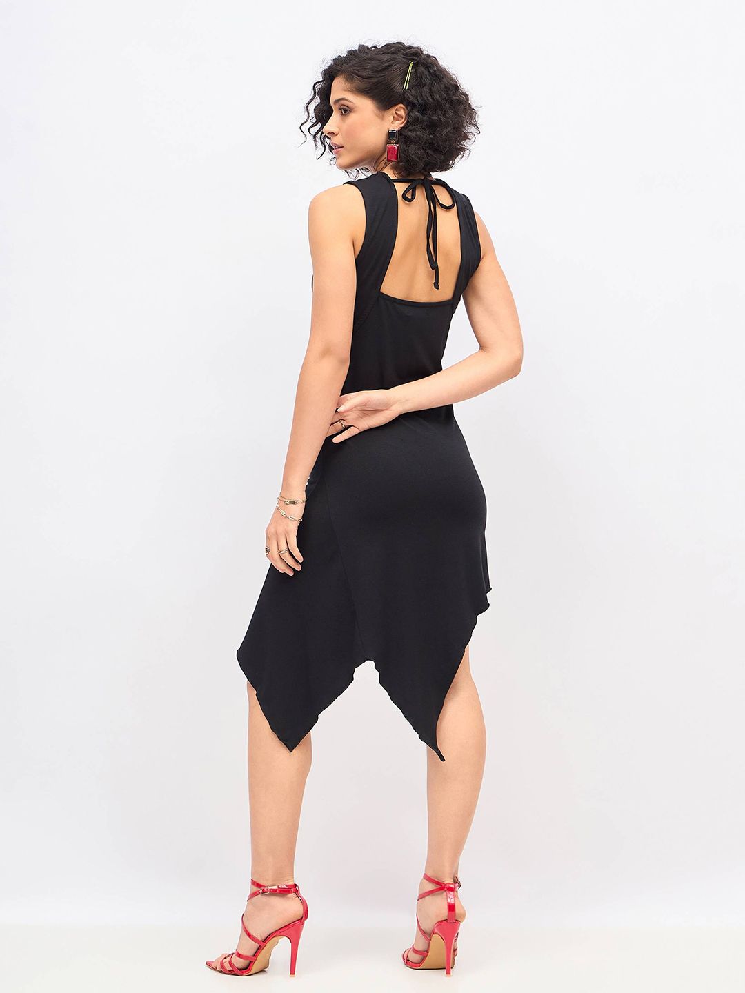 SASSAFRAS Black Asymmetric A-Line Midi Dress