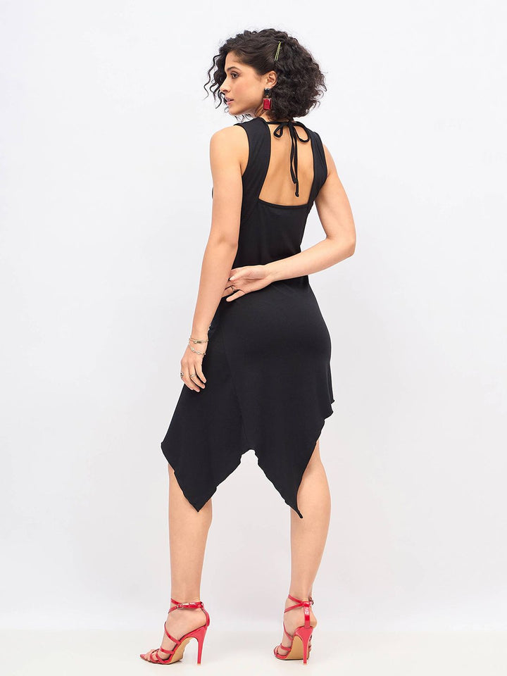 SASSAFRAS Black Asymmetric A-Line Midi Dress