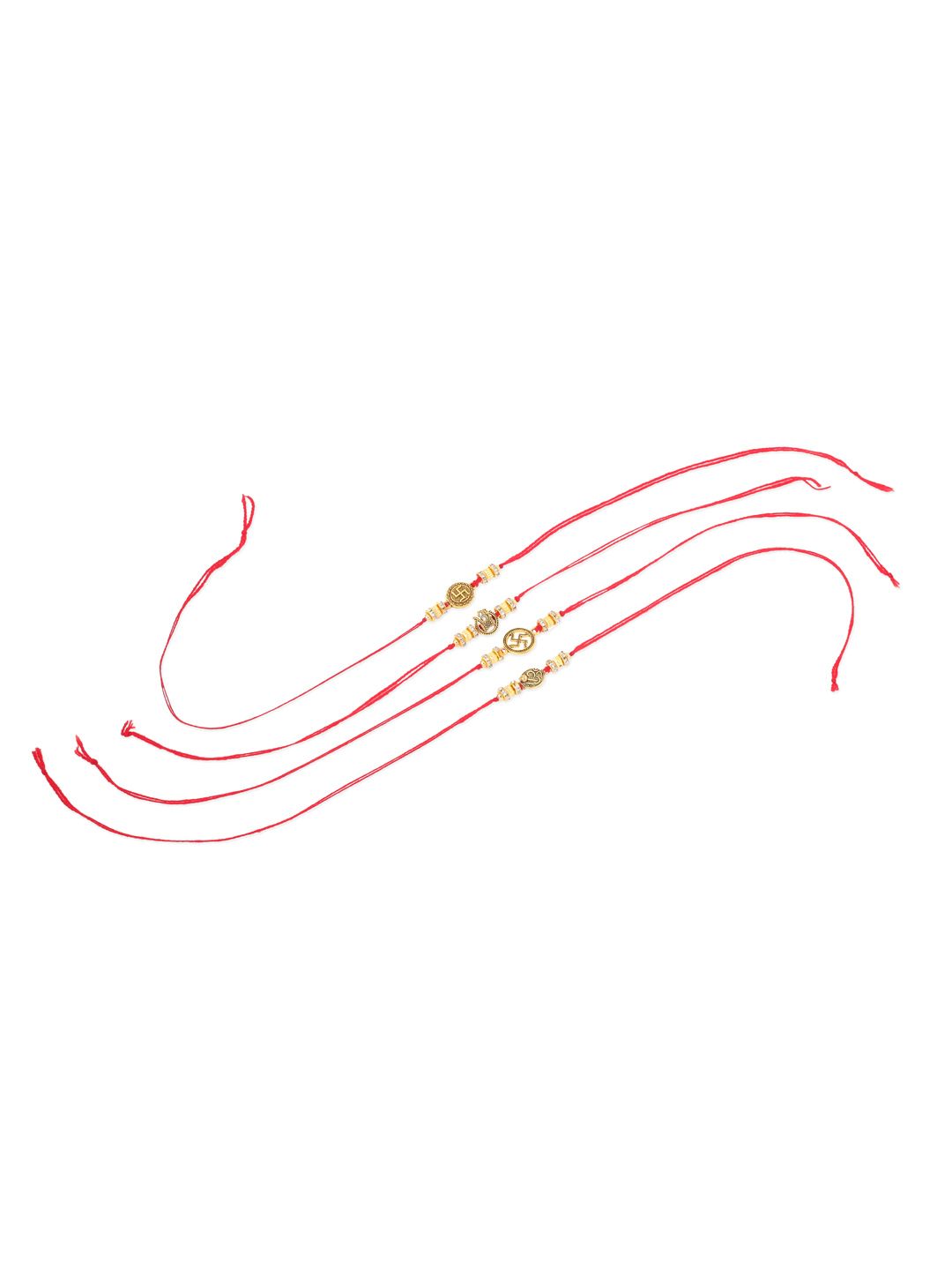 NVR Unisex Set of 4 Artificial Stones Swastik Thread Rakhi with Roli Chawal Chandan Mishri