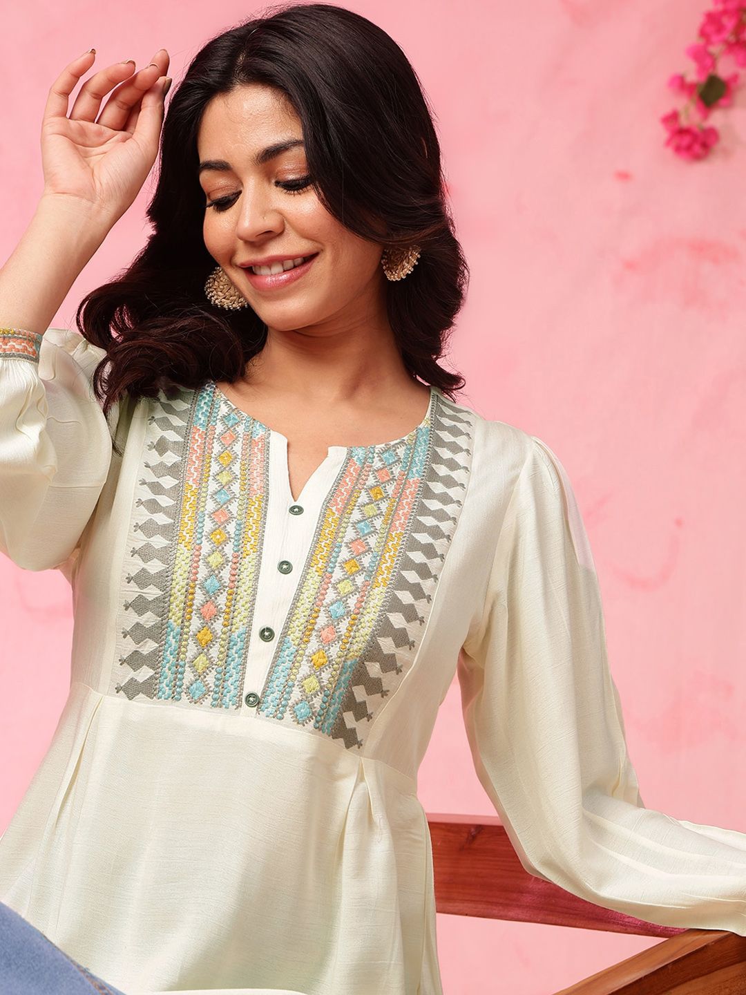 Anouk Off White Floral Embroidered Thread Work Pure Cotton A-Line Short Kurti