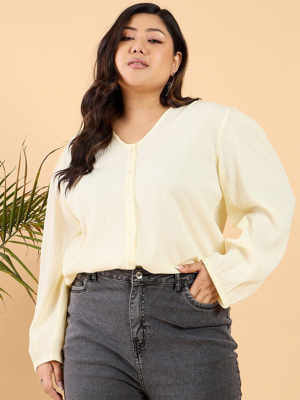 Curvy Street Plus Saiz V-Neck Puff Sleeve Top
