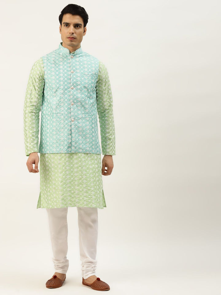 SOJANYA Lelaki Motif Etnik Biru & Hijau Kurta Sulam Churidar