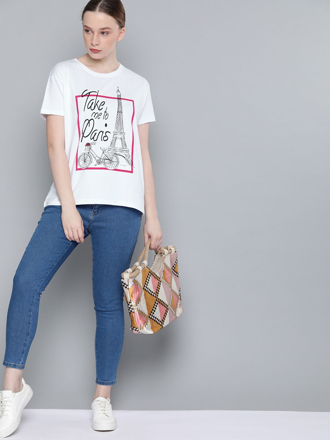 DILLINGER Women White Printed Round Neck Regular Fit Pure Cotton T-shirt