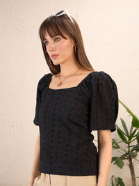 SASSAFRAS Black Self Design Schiffli Smocked Puff Sleeve Cotton Top