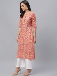 Libas Women Peach & Pink Floral Print Straight Kurta