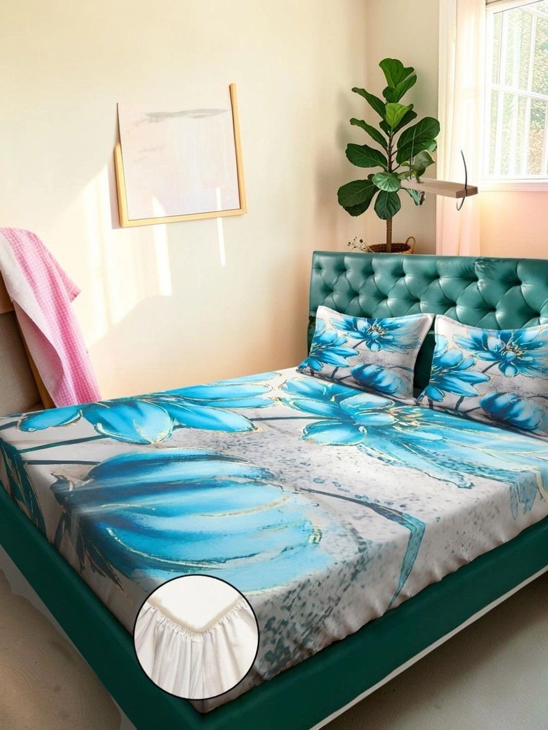 Moda Rapido X KLOTTHE Turquoise Blue & White Floral 400 TC Bedsheet with 2 Pillow Covers
