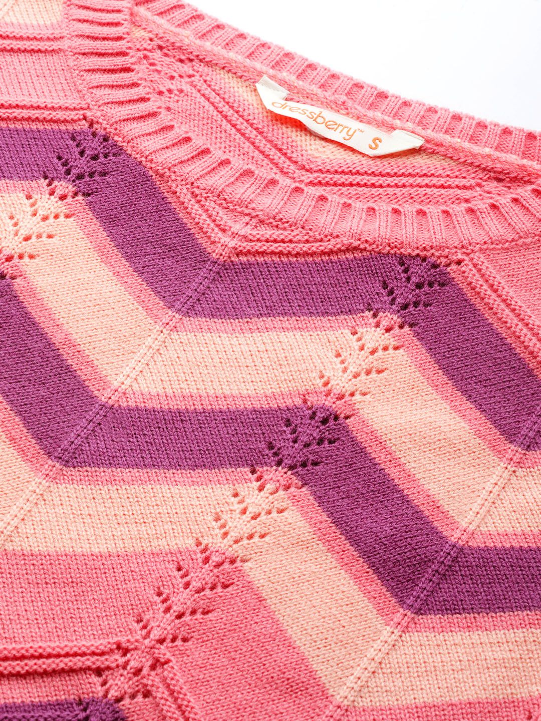 DressBerry Women Peach-Coloured & Purple Chevron Striped Pullover