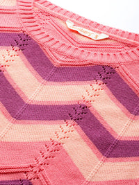 DressBerry Women Peach-Coloured & Purple Chevron Striped Pullover
