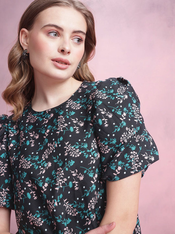 DressBerry Floral Print Puff Sleeve A-Line Dress
